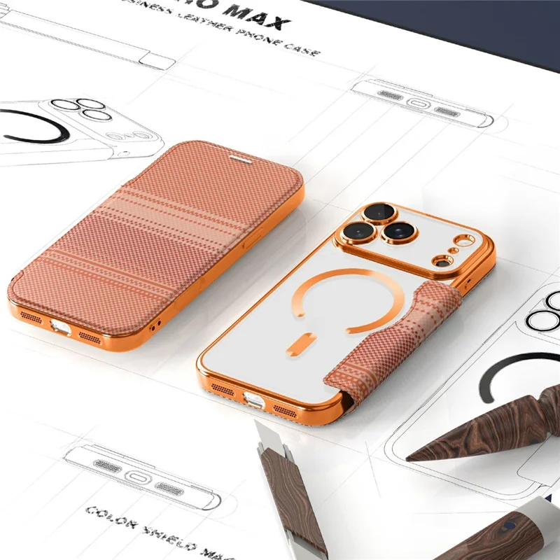 For iPhone 17 Pro Max Magnetic Case RFID Blocking Card Slots Leather Cover - Orange