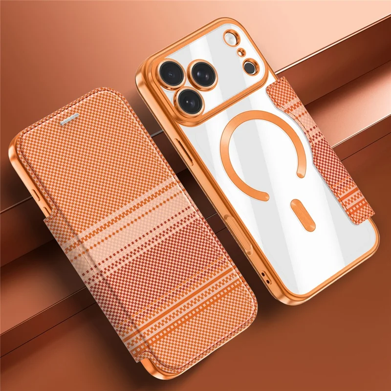 For iPhone 17 Pro Magnetic Case RFID Blocking Card Slots Leather Cover - Orange