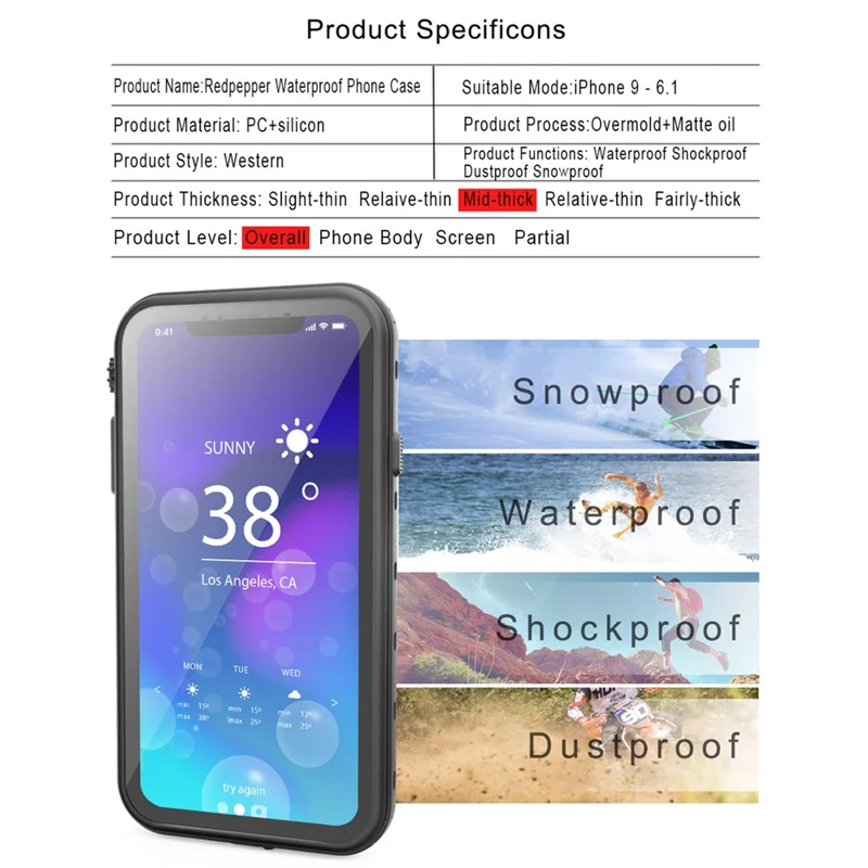 REDPEPPER Dot+ Series For iPhone XR 6.1 inch Underwater Phone Case IP68 Waterproof Shockproof Dustproof TPU+PC Cover - Black