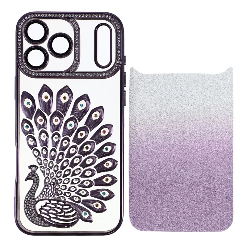 For iPhone 17 Pro Case 3D Peacock Electroplating Rhinestone TPU Phone Cover with Glitter Card - Purple