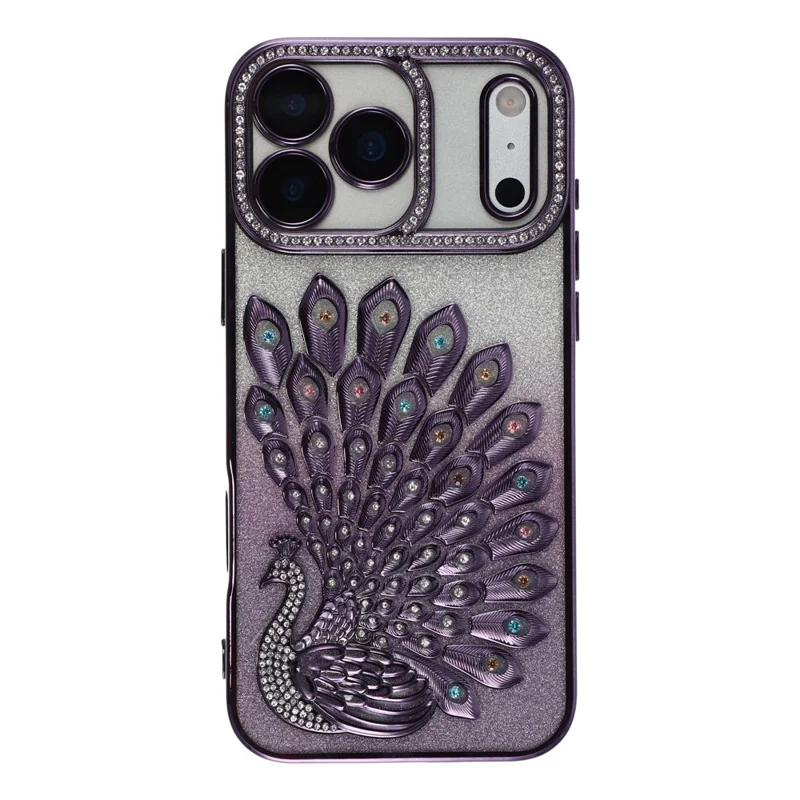 For iPhone 17 Pro Case 3D Peacock Electroplating Rhinestone TPU Phone Cover with Glitter Card - Purple