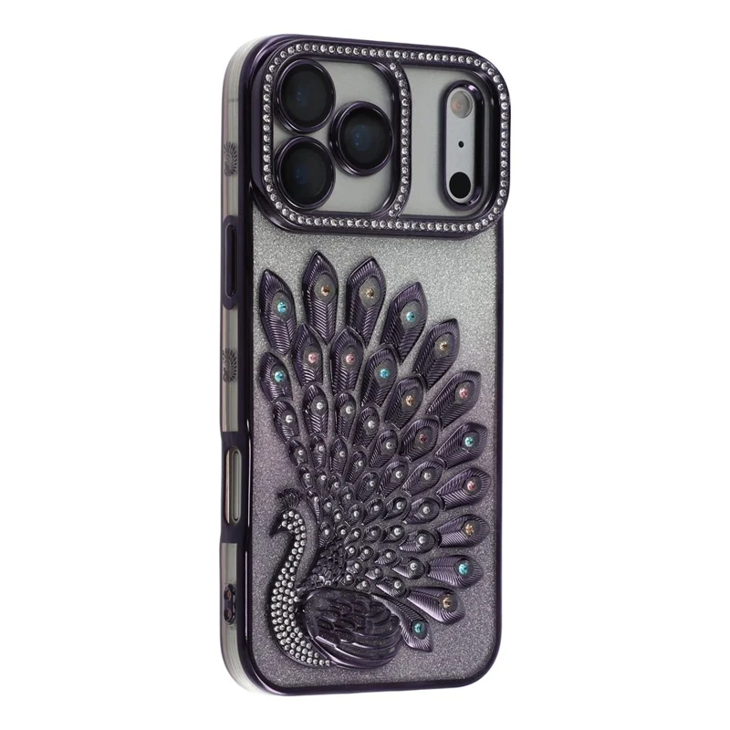 For iPhone 17 Pro Case 3D Peacock Electroplating Rhinestone TPU Phone Cover with Glitter Card - Purple