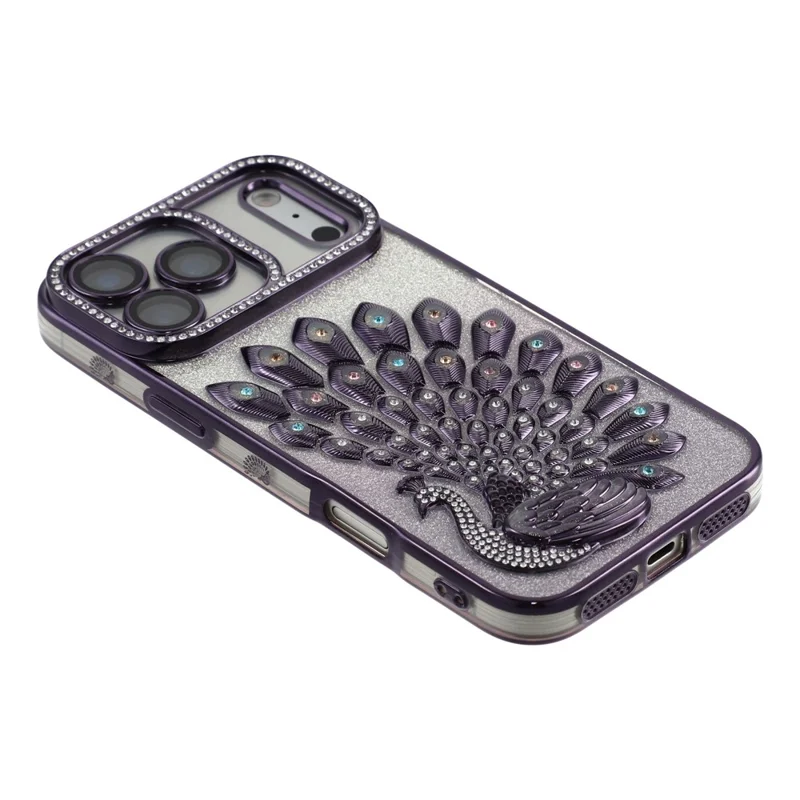 For iPhone 17 Pro Case 3D Peacock Electroplating Rhinestone TPU Phone Cover with Glitter Card - Purple
