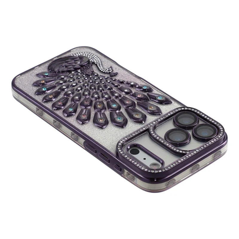 For iPhone 17 Pro Case 3D Peacock Electroplating Rhinestone TPU Phone Cover with Glitter Card - Purple