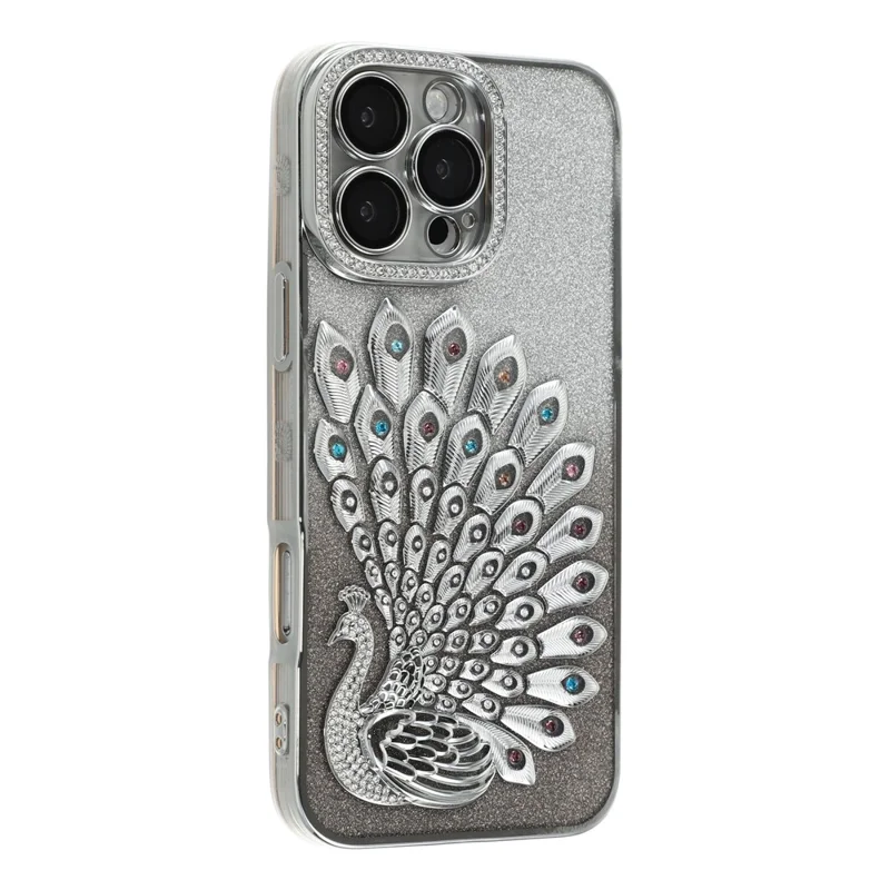 For iPhone 16 Pro Max Case 3D Peacock Electroplating Rhinestone TPU Phone Cover with Glitter Card - Silver