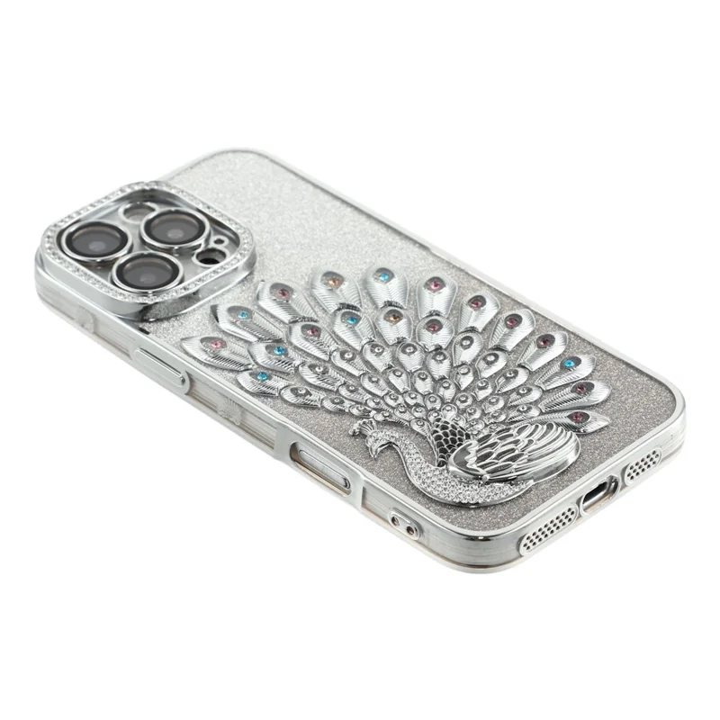 For iPhone 16 Pro Max Case 3D Peacock Electroplating Rhinestone TPU Phone Cover with Glitter Card - Silver