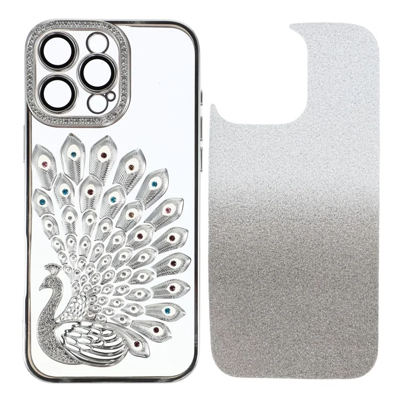 For iPhone 15 Pro Max Case 3D Peacock Electroplating Rhinestone TPU Phone Cover with Glitter Card - Silver
