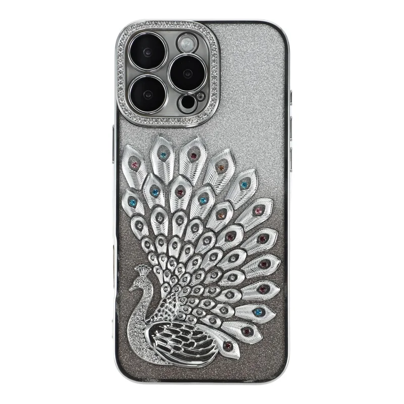 For iPhone 15 Pro Max Case 3D Peacock Electroplating Rhinestone TPU Phone Cover with Glitter Card - Silver