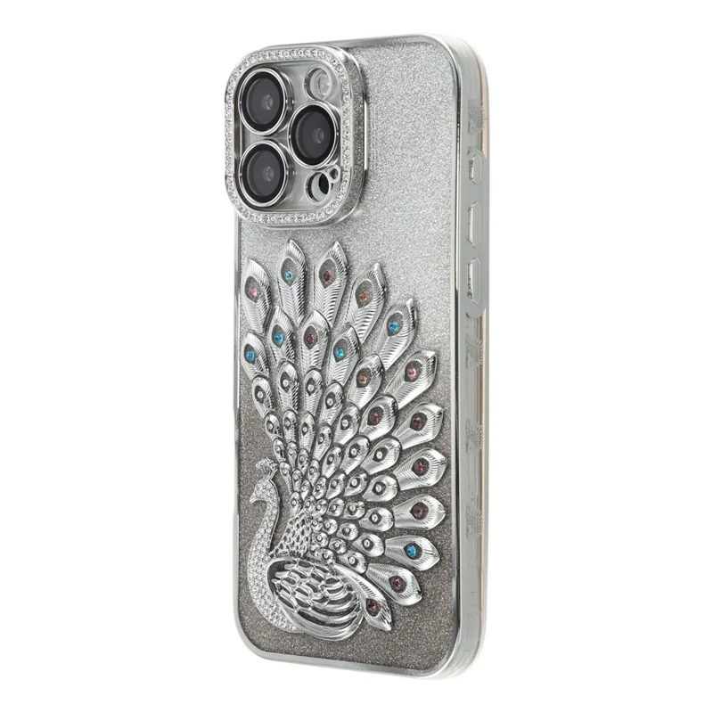 For iPhone 15 Pro Max Case 3D Peacock Electroplating Rhinestone TPU Phone Cover with Glitter Card - Silver