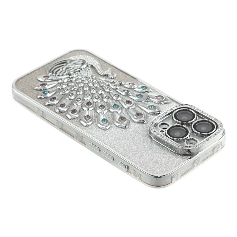 For iPhone 15 Pro Max Case 3D Peacock Electroplating Rhinestone TPU Phone Cover with Glitter Card - Silver