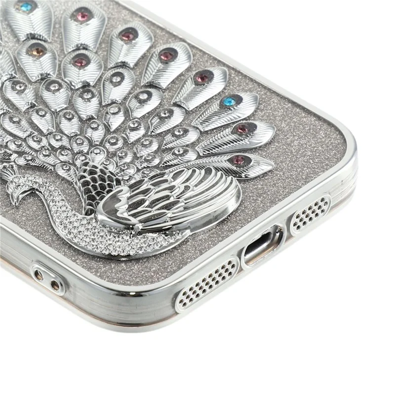 For iPhone 15 Pro Max Case 3D Peacock Electroplating Rhinestone TPU Phone Cover with Glitter Card - Silver