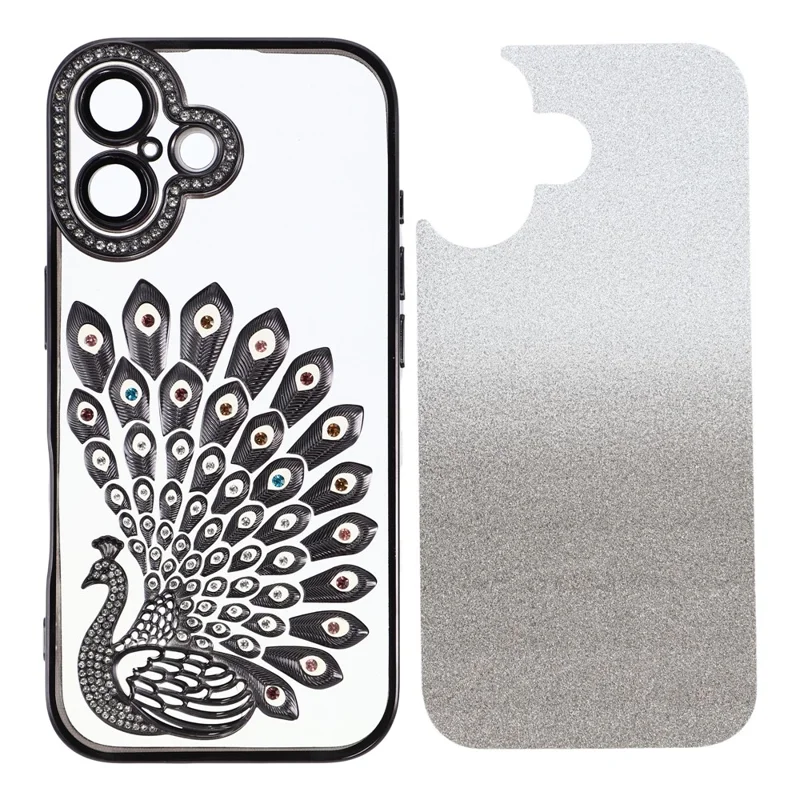 For iPhone 17 Case 3D Peacock Electroplating Rhinestone TPU Phone Cover with Glitter Card - Black