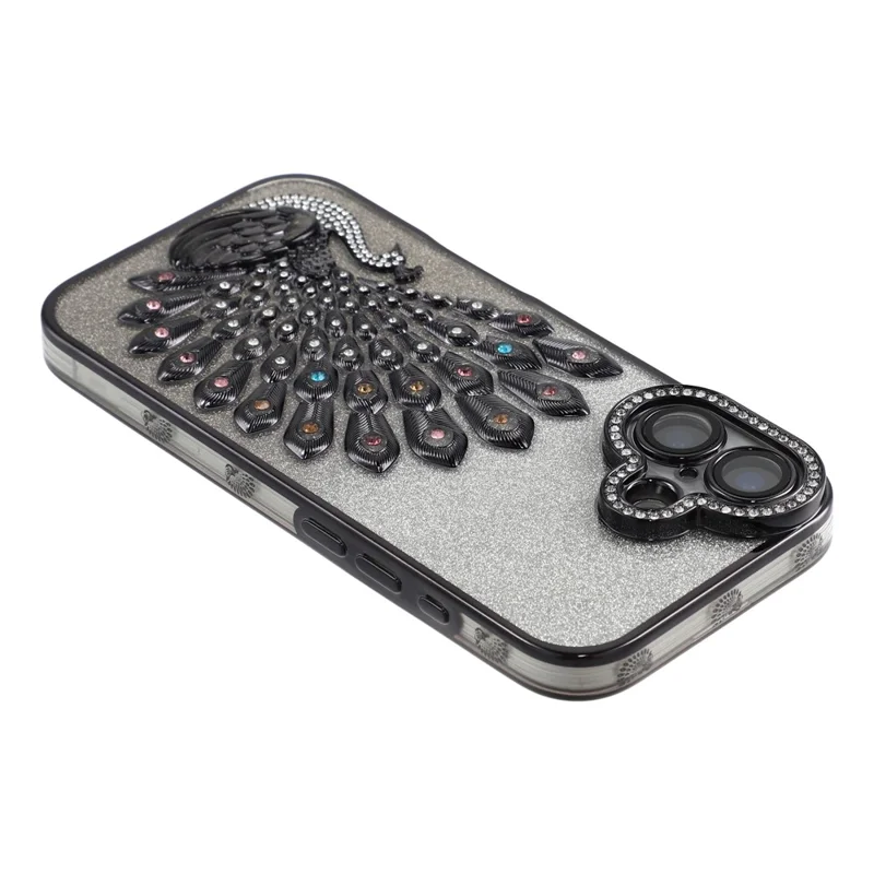 For iPhone 17 Case 3D Peacock Electroplating Rhinestone TPU Phone Cover with Glitter Card - Black