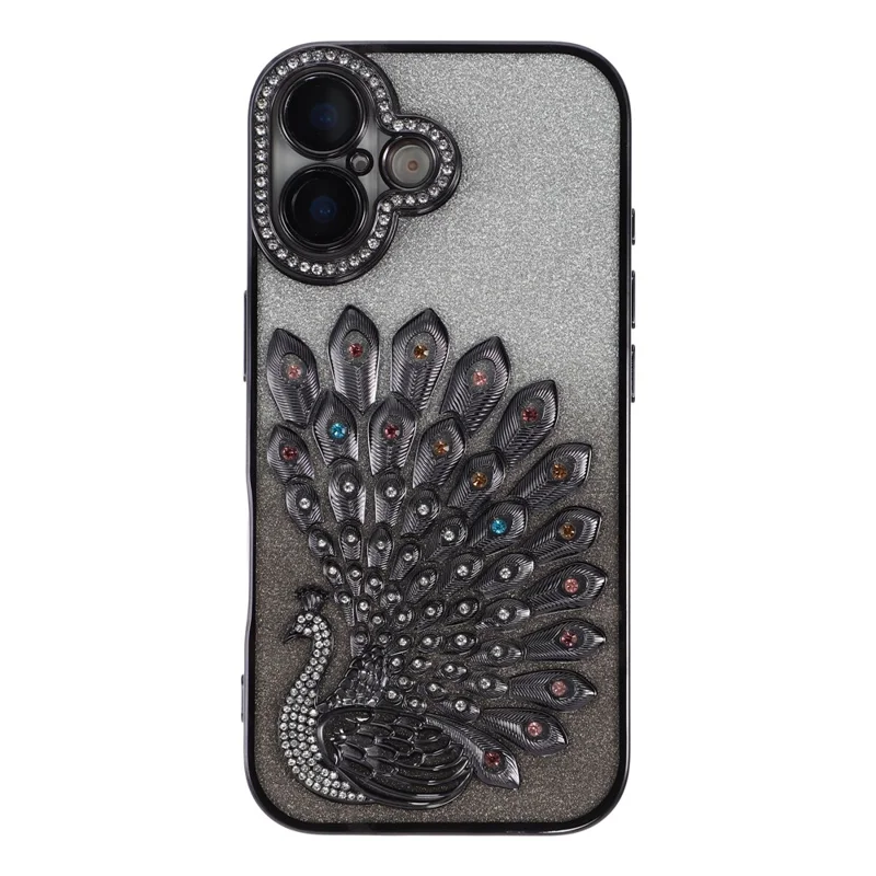 For iPhone 16 Case 3D Peacock Electroplating Rhinestone TPU Phone Cover with Glitter Card - Black