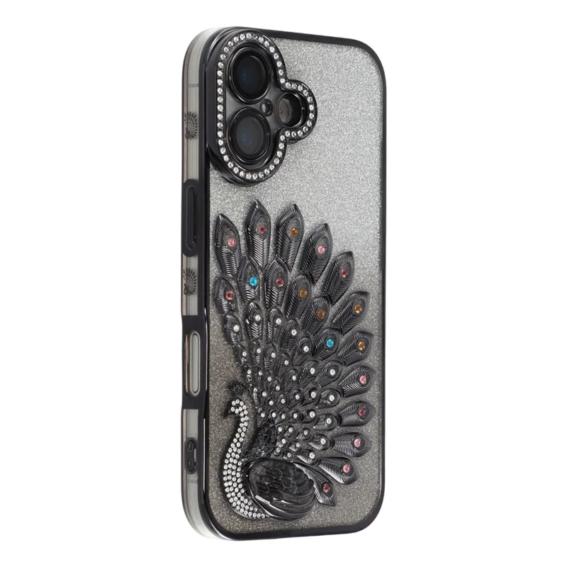 For iPhone 16 Case 3D Peacock Electroplating Rhinestone TPU Phone Cover with Glitter Card - Black