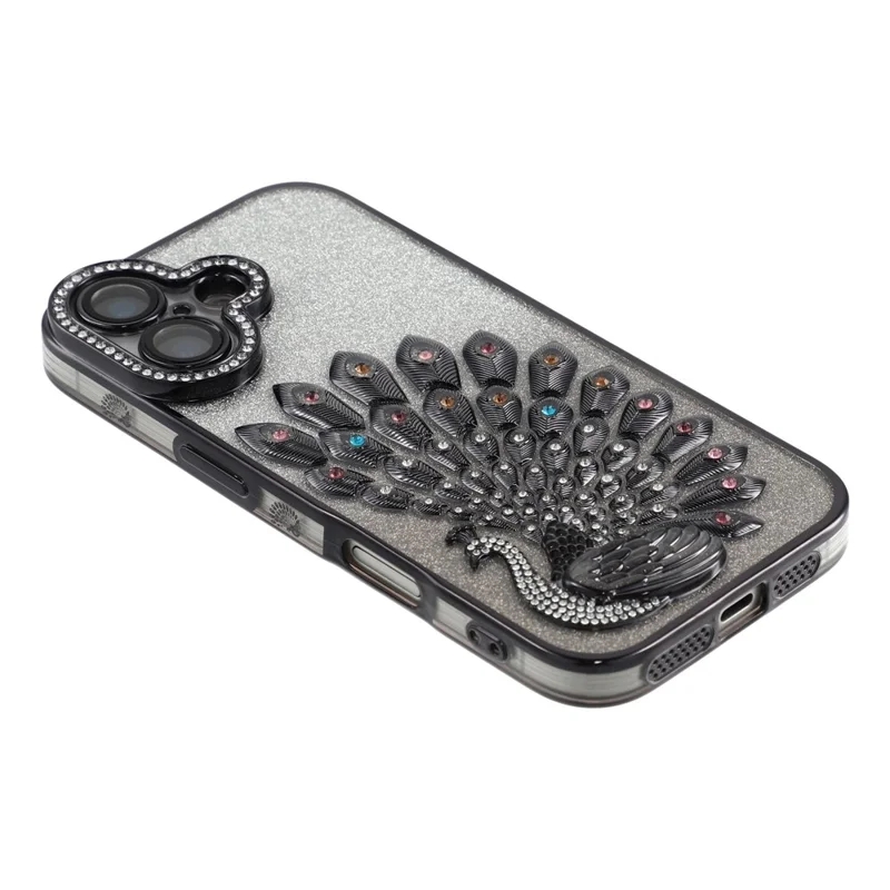 For iPhone 16 Case 3D Peacock Electroplating Rhinestone TPU Phone Cover with Glitter Card - Black