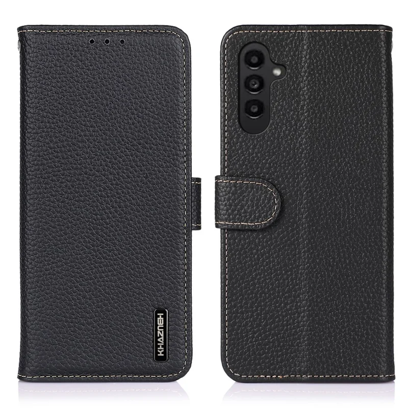 KHAZNEH For Samsung Galaxy S26 FE Wallet Case Litchi Texture Genuine Cow Leather Flip Phone Cover - Black
