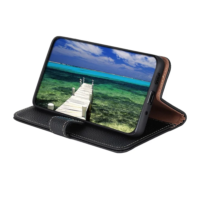 KHAZNEH For Samsung Galaxy S26 FE Wallet Case Litchi Texture Genuine Cow Leather Flip Phone Cover - Black
