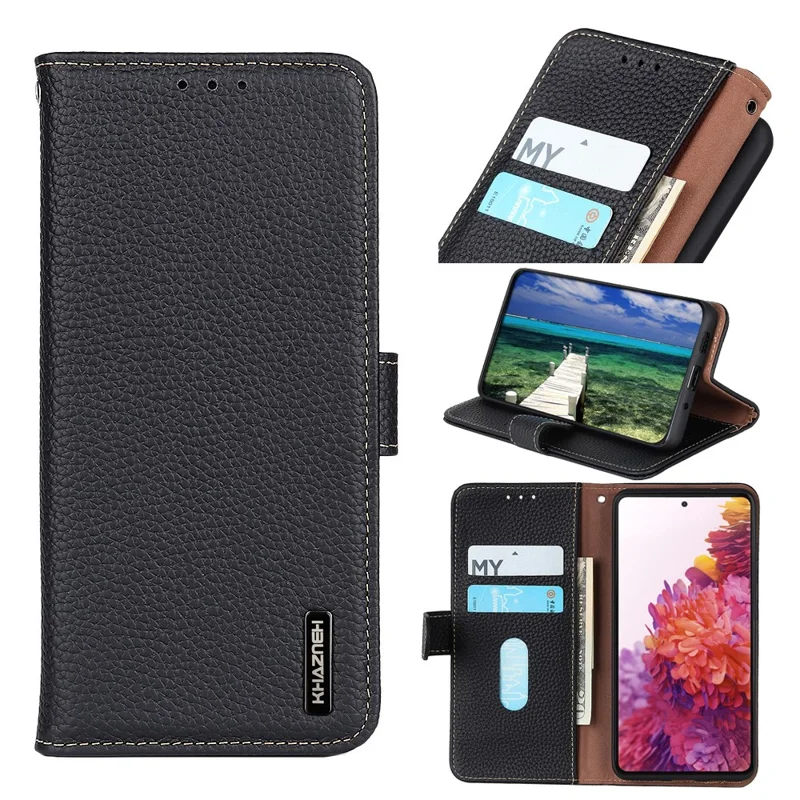 KHAZNEH For Samsung Galaxy S26 FE Wallet Case Litchi Texture Genuine Cow Leather Flip Phone Cover - Black