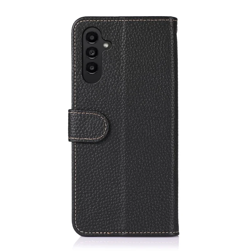 KHAZNEH For Samsung Galaxy S26 FE Wallet Case Litchi Texture Genuine Cow Leather Flip Phone Cover - Black