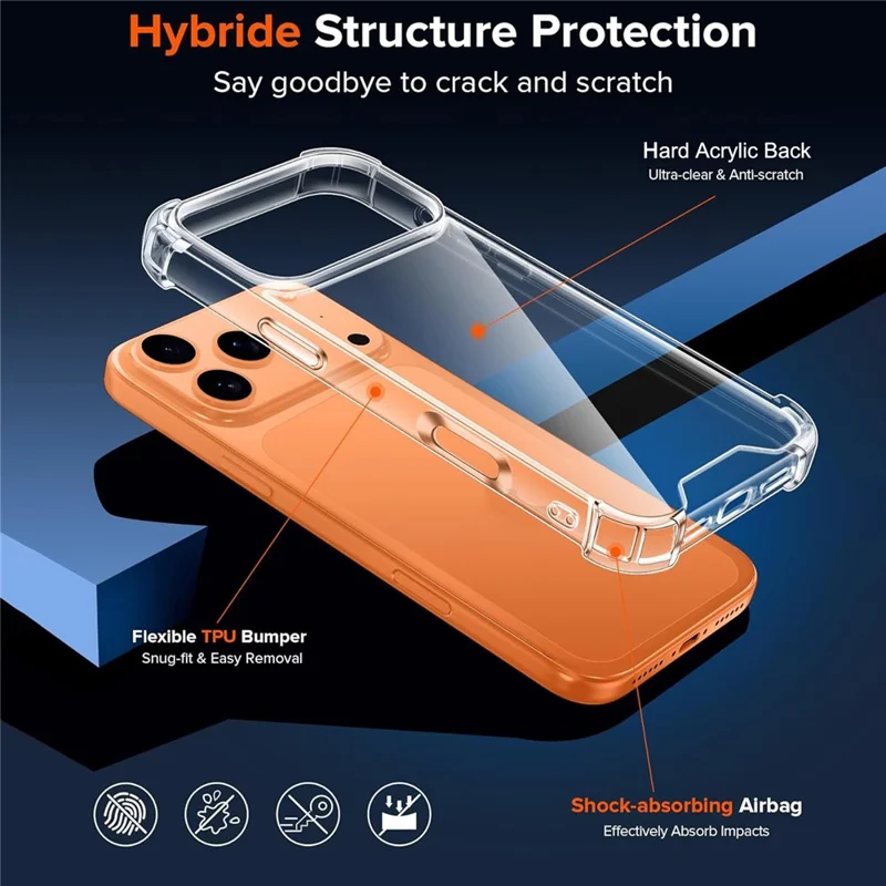 For iPhone 17 Pro Max Case Military Grade Drop Protection Acrylic + TPU Phone Cover - Transparent