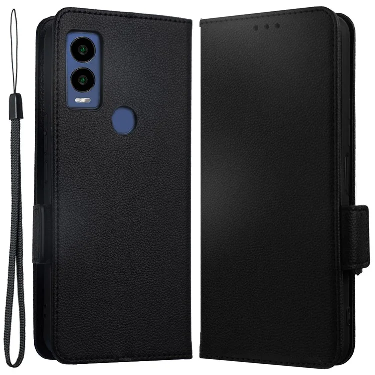 Für Cricket Innovate E 5G PU Leder Flip Schutzhülle Litchi Textur Dual Magnetic Claspe Brieftasche Telefonabdeckung Mit Riemen - Schwarz