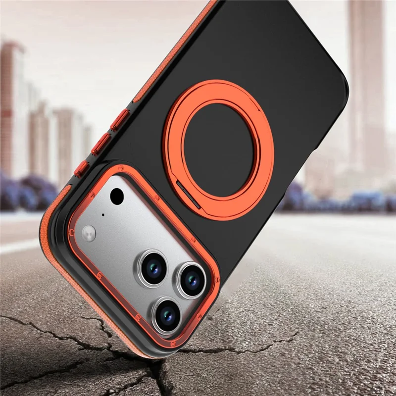 For iPhone 18 Pro / 17 Pro Magnetic Case Double Color Rotating Ring Kickstand PC + TPU Phone Cover - Orange