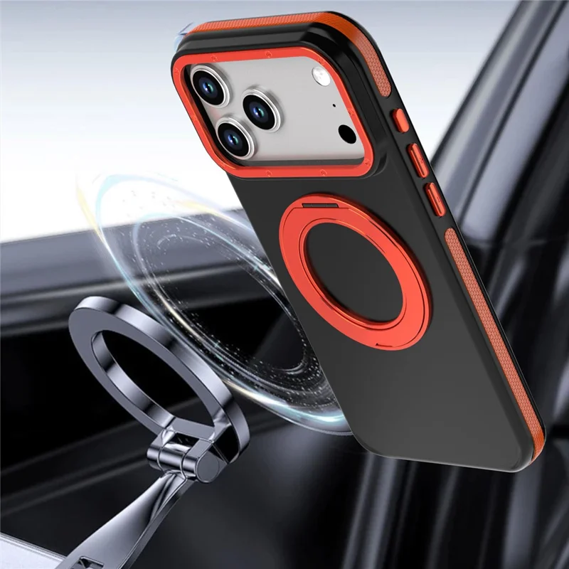 For iPhone 18 Pro Max Magnetic Case Double Color Rotating Ring Kickstand PC + TPU Phone Cover - Orange