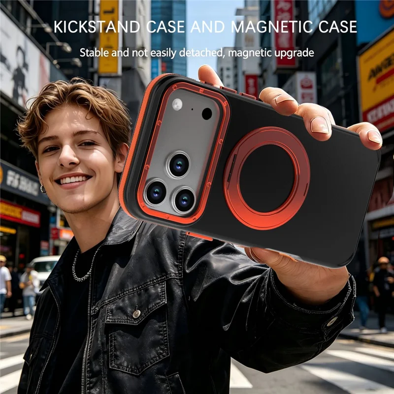 For iPhone 18 Pro Max Magnetic Case Double Color Rotating Ring Kickstand PC + TPU Phone Cover - Orange