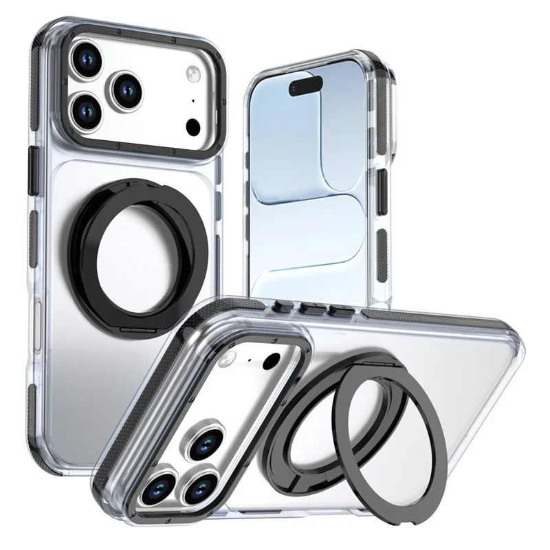 For iPhone 18 Pro Max Magnetic Case Rotating Ring Kickstand Dual Color Acrylic + TPU Clear Phone Cover - Black