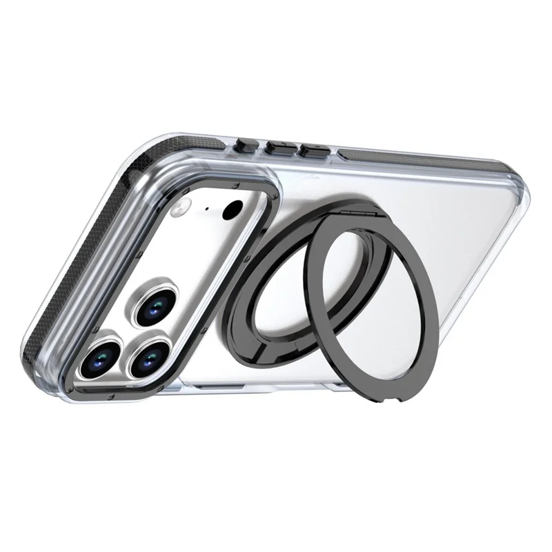 For iPhone 18 Pro Max Magnetic Case Rotating Ring Kickstand Dual Color Acrylic + TPU Clear Phone Cover - Black