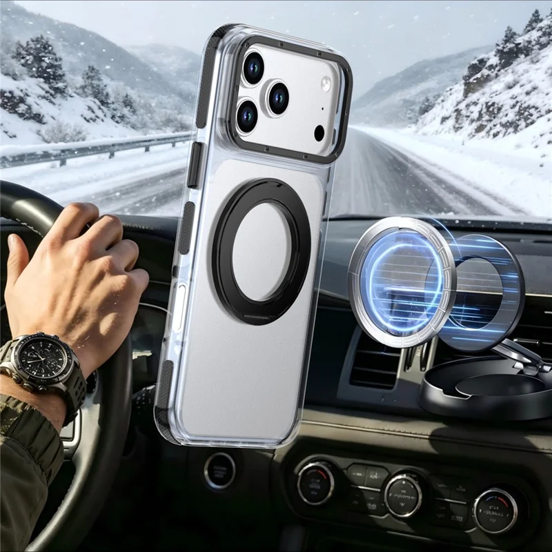 For iPhone 18 Pro Max Magnetic Case Rotating Ring Kickstand Dual Color Acrylic + TPU Clear Phone Cover - Black