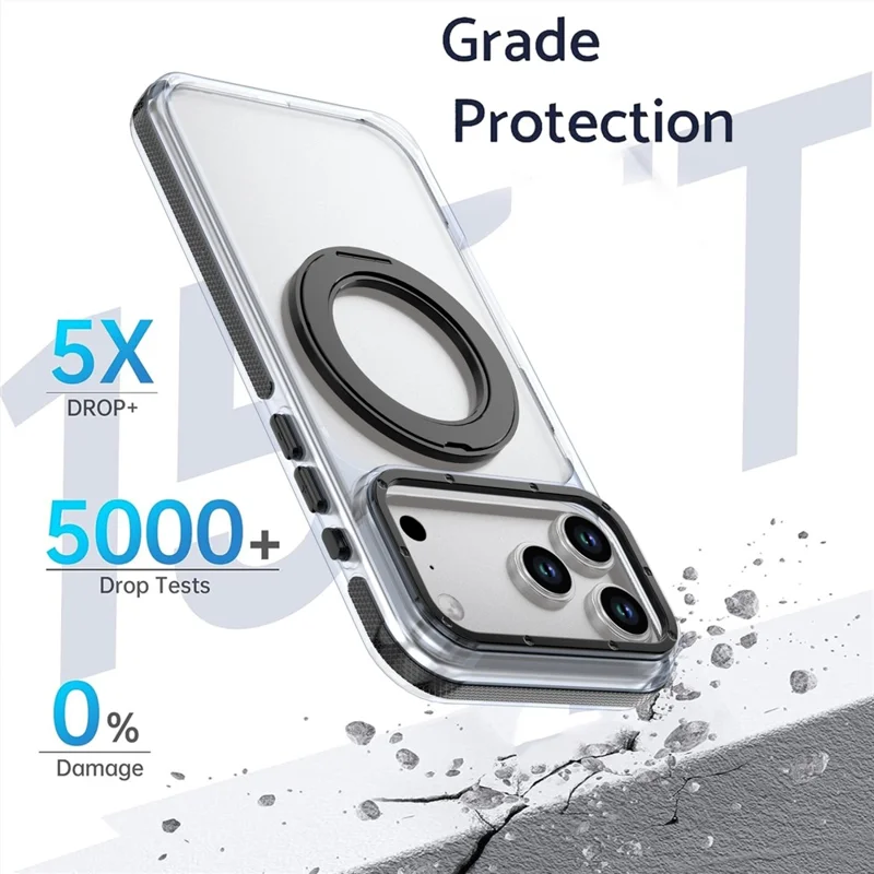For iPhone 18 Pro Max Magnetic Case Rotating Ring Kickstand Dual Color Acrylic + TPU Clear Phone Cover - Black