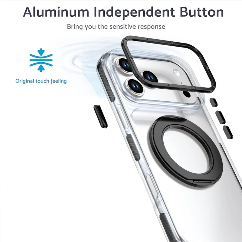 For iPhone 18 Pro Max Magnetic Case Rotating Ring Kickstand Dual Color Acrylic + TPU Clear Phone Cover - Black