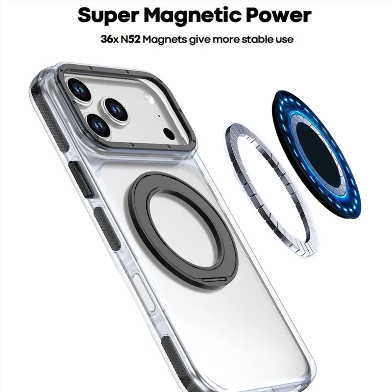 For iPhone 18 Pro Max Magnetic Case Rotating Ring Kickstand Dual Color Acrylic + TPU Clear Phone Cover - Black