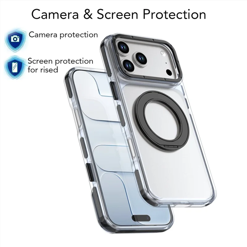 For iPhone 18 Pro Max Magnetic Case Rotating Ring Kickstand Dual Color Acrylic + TPU Clear Phone Cover - Black