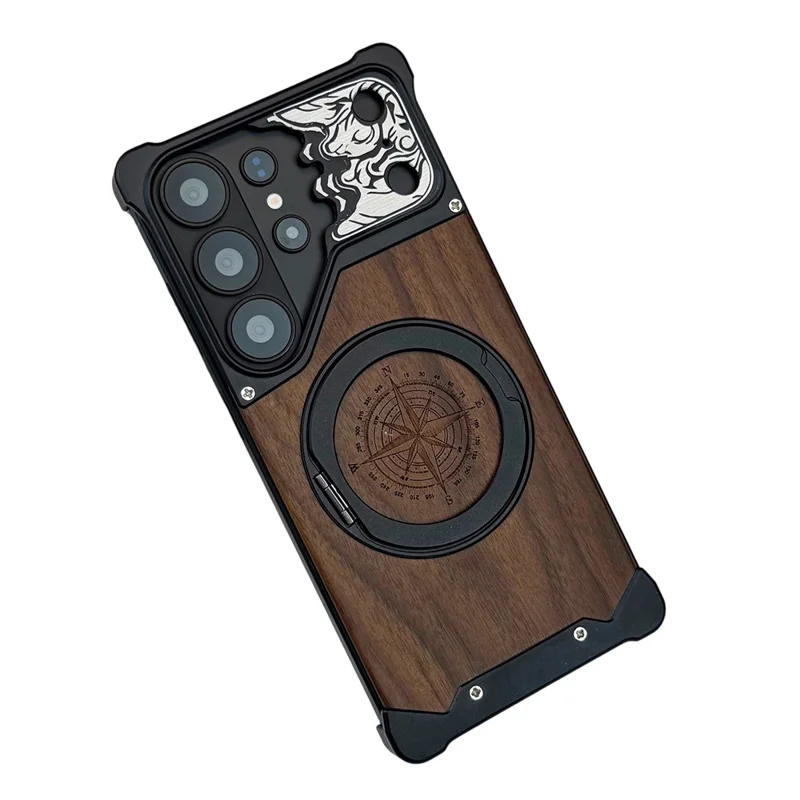 Coque sans cadre pour Samsung Galaxy S25 Ultra avec support magnétique pivotant, motif de cheval, en bois de noyer, protection antichoc - Noir