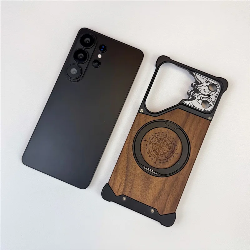 Coque sans cadre pour Samsung Galaxy S25 Ultra avec support magnétique pivotant, motif de cheval, en bois de noyer, protection antichoc - Noir