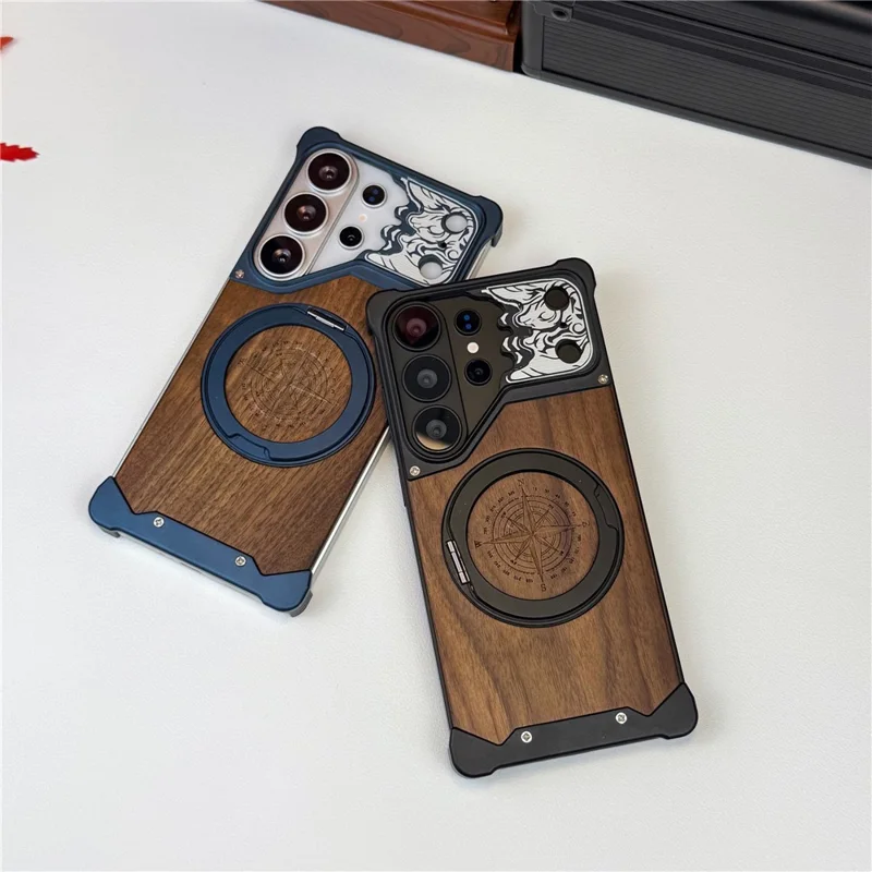 Coque sans cadre pour Samsung Galaxy S25 Ultra avec support magnétique pivotant, motif de cheval, en bois de noyer, protection antichoc - Noir