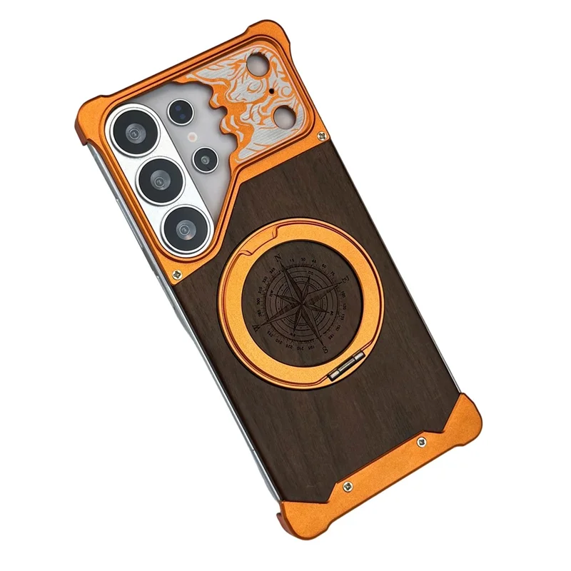 For Samsung Galaxy S26 Ultra Frameless Case Magnetic Kickstand Horse Pattern Walnut Wood Shockproof Phone Cover - Orange
