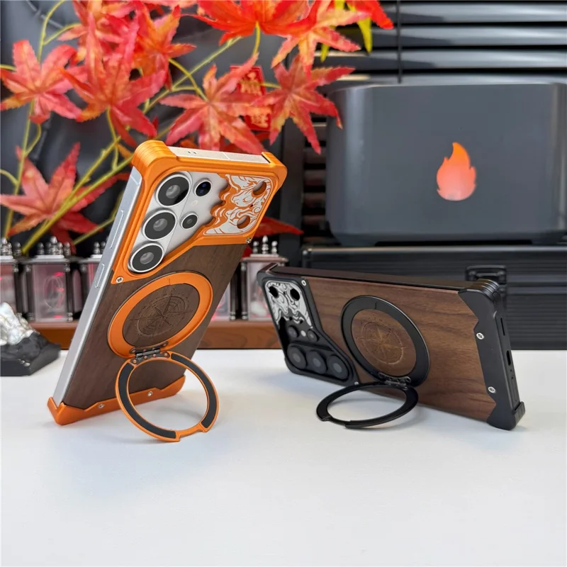 For Samsung Galaxy S26 Ultra Frameless Case Magnetic Kickstand Horse Pattern Walnut Wood Shockproof Phone Cover - Orange