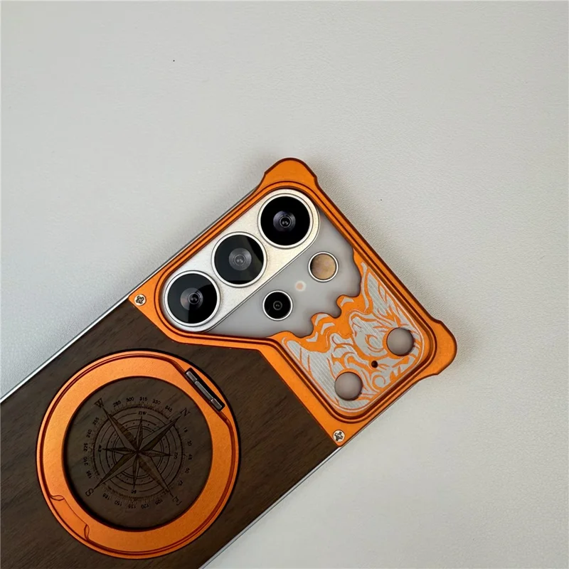 For Samsung Galaxy S26 Ultra Frameless Case Magnetic Kickstand Horse Pattern Walnut Wood Shockproof Phone Cover - Orange