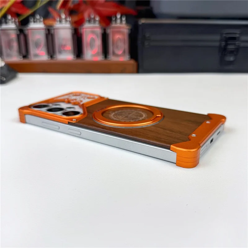 For Samsung Galaxy S26 Ultra Frameless Case Magnetic Kickstand Horse Pattern Walnut Wood Shockproof Phone Cover - Orange