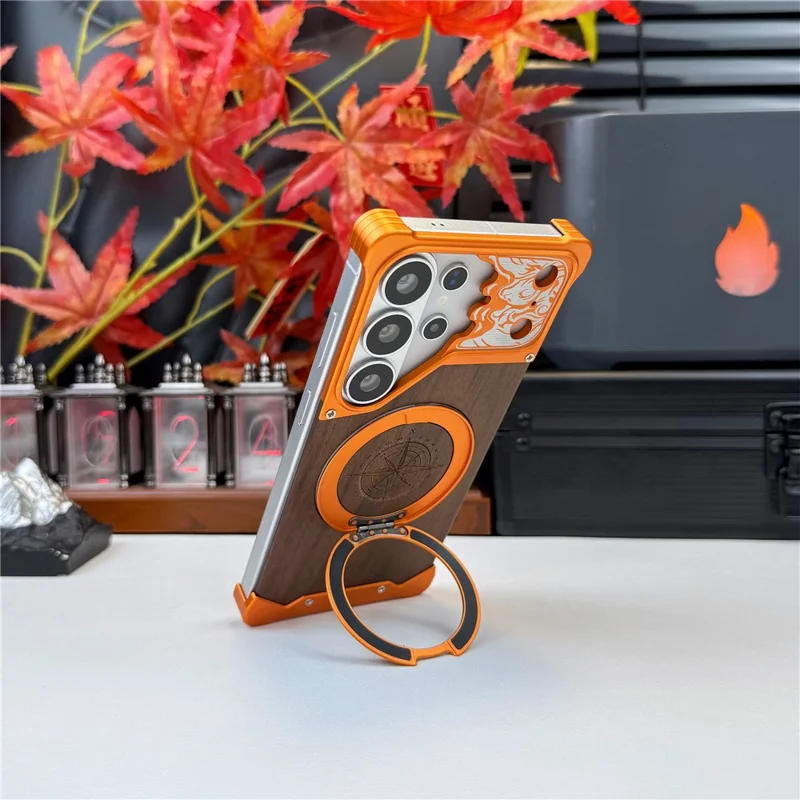 For Samsung Galaxy S26 Ultra Frameless Case Magnetic Kickstand Horse Pattern Walnut Wood Shockproof Phone Cover - Orange