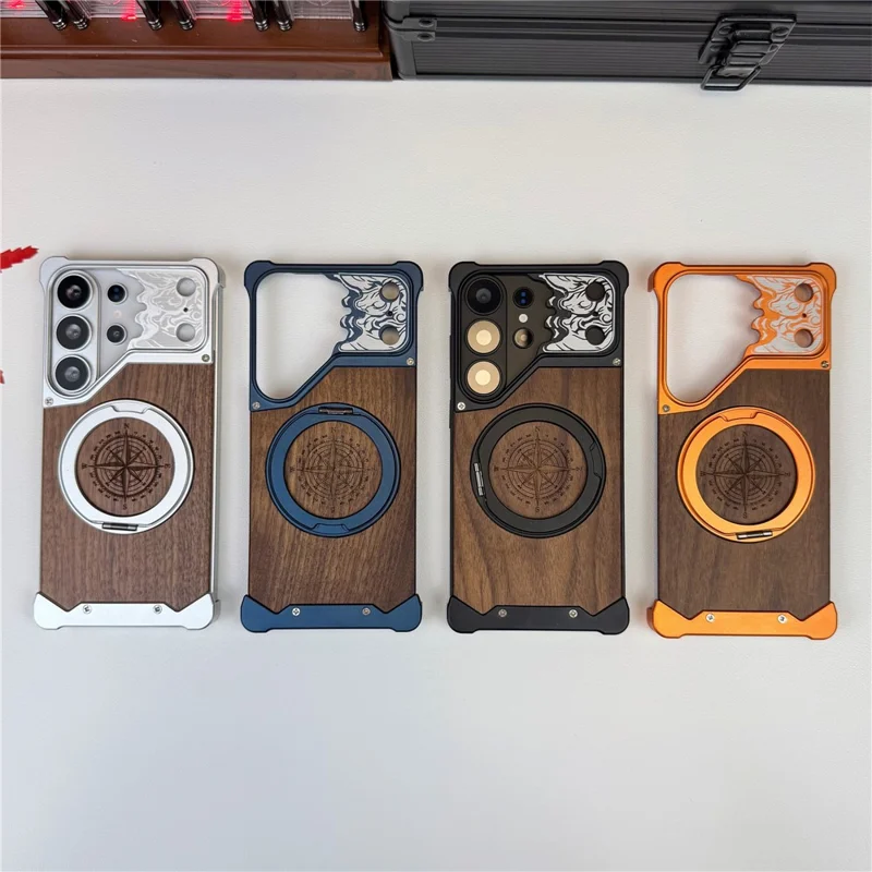 For Samsung Galaxy S26 Ultra Frameless Case Magnetic Kickstand Horse Pattern Walnut Wood Shockproof Phone Cover - Orange
