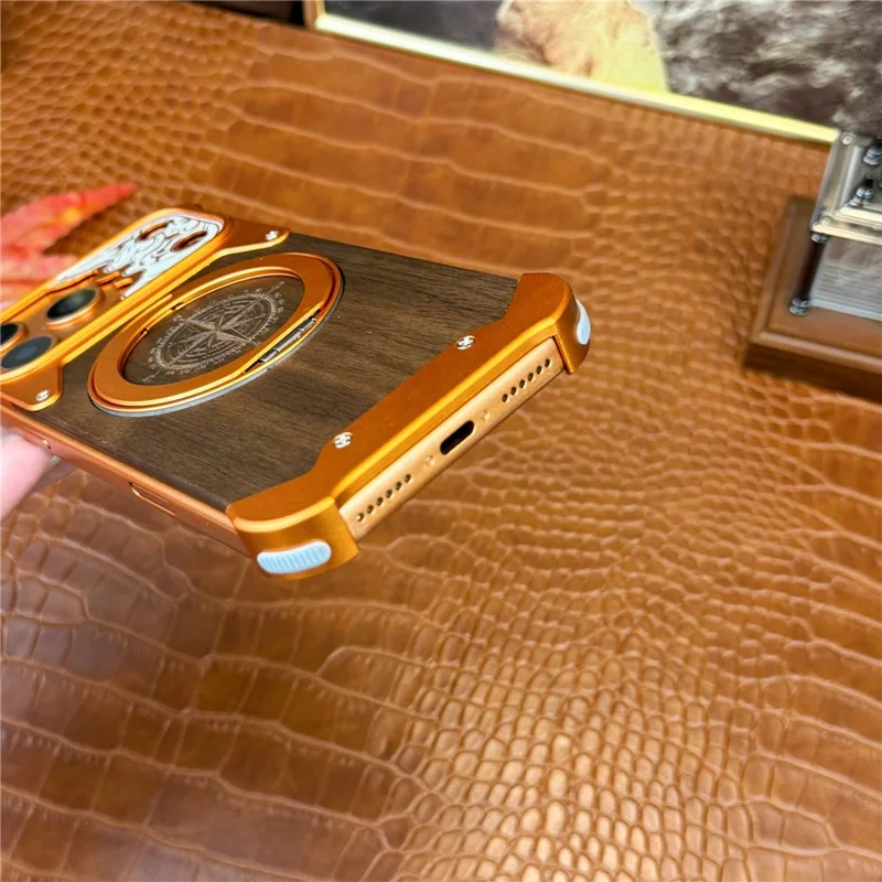 For iPhone 17 Pro Frameless Case Magnetic Kickstand Horse Pattern Walnut Wood Shockproof Phone Cover - Orange