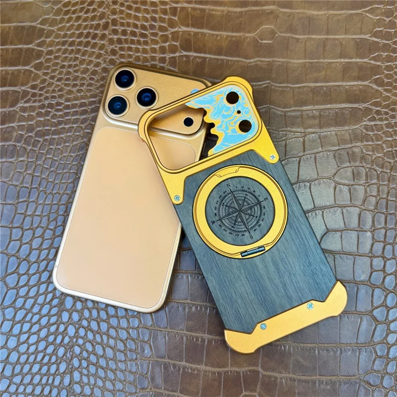 For iPhone 17 Pro Frameless Case Magnetic Kickstand Horse Pattern Walnut Wood Shockproof Phone Cover - Orange