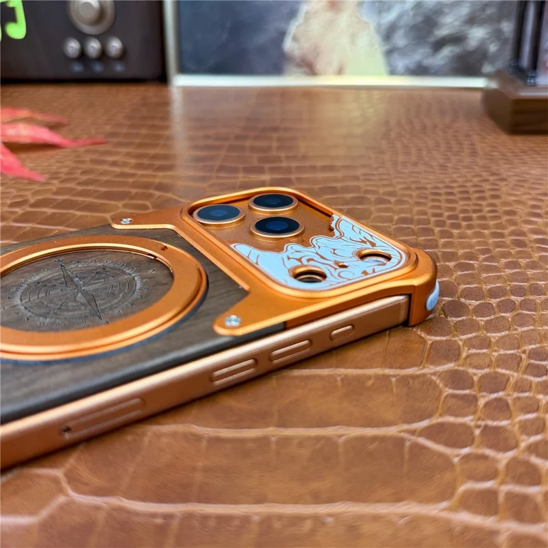 For iPhone 17 Pro Frameless Case Magnetic Kickstand Horse Pattern Walnut Wood Shockproof Phone Cover - Orange
