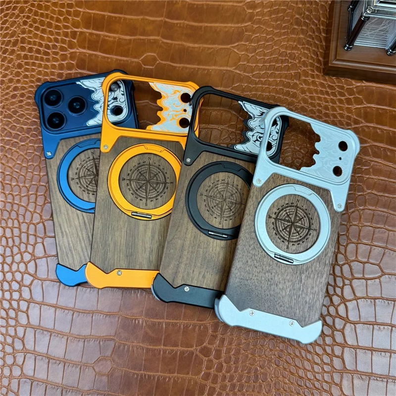 Cover per iPhone 17 Pro Max senza cornice con supporto magnetico girevole, motivo a cavallo, in legno di noce, protettiva - Arancione