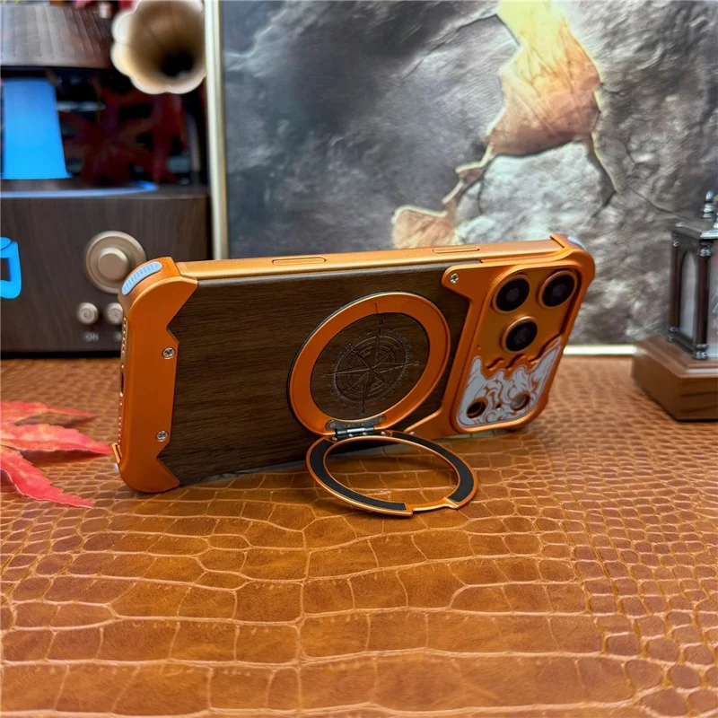 Cover per iPhone 17 Pro Max senza cornice con supporto magnetico girevole, motivo a cavallo, in legno di noce, protettiva - Arancione